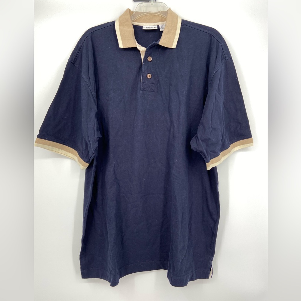 White Mountain Traders, Navy Polo shirt w/ beige+cream band at arm +neck sz 2XLT